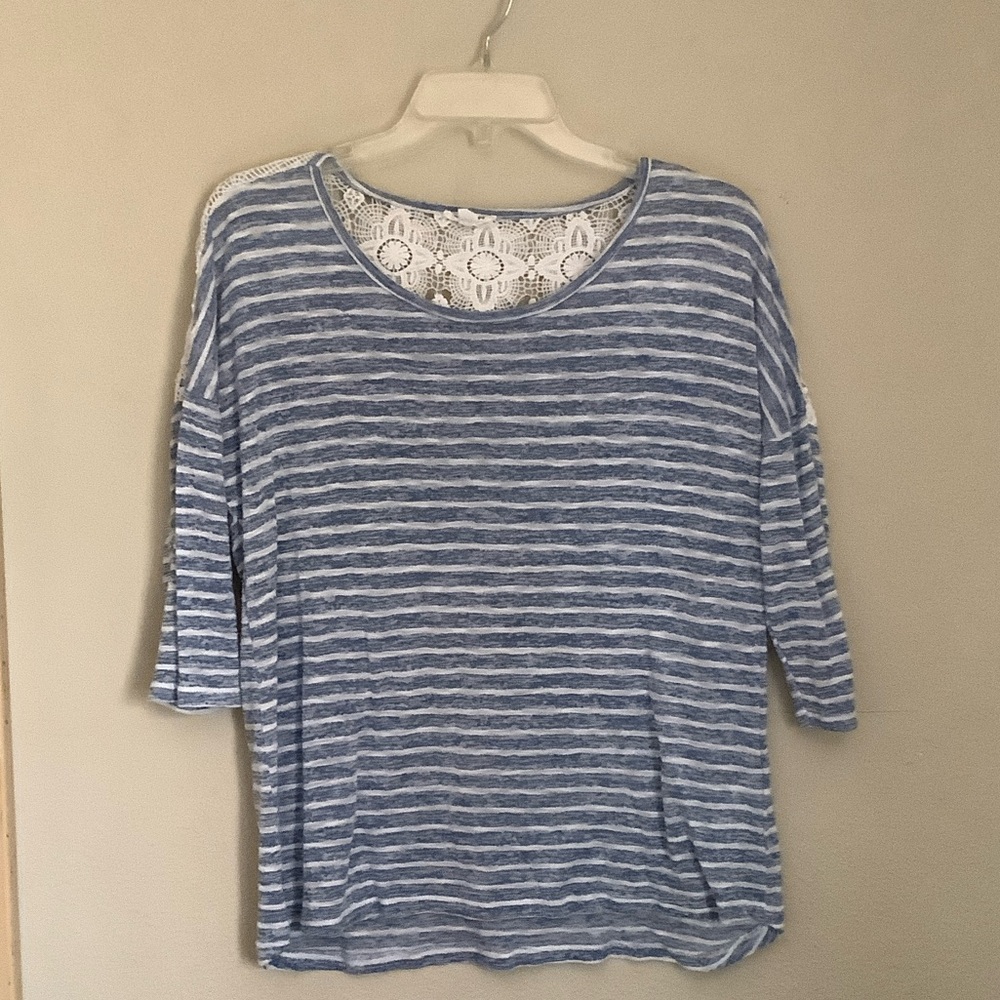Tribal Blue and White Striped Lace-Back Long Sleeve Top